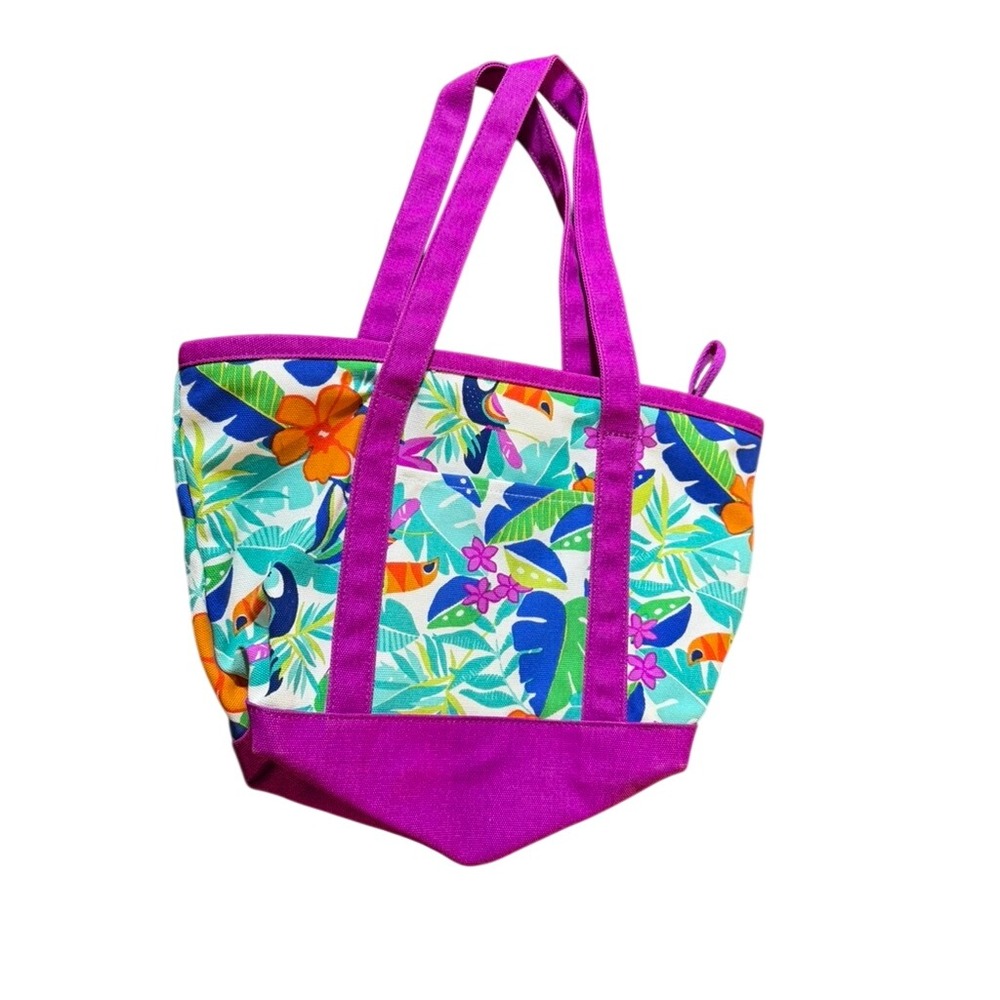 Lands End Kids Tropical Toucan Floral Canvas Zipper Tote Bag Purple 482576